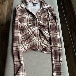 Just Polly Brown Plaid Button Down Shirt